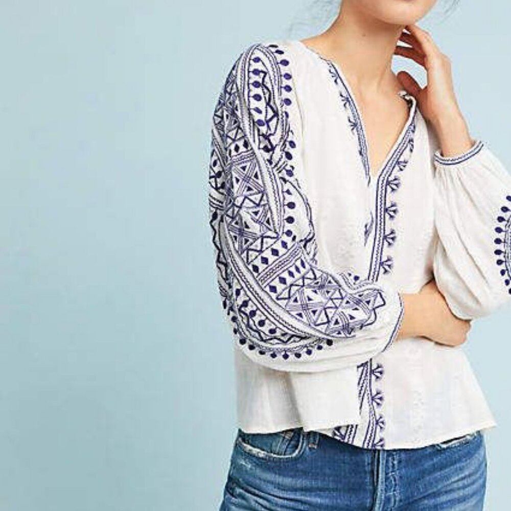 Anthropologie Ne quittez pas blouse Embroidery Top Ethnic Sz.S-M